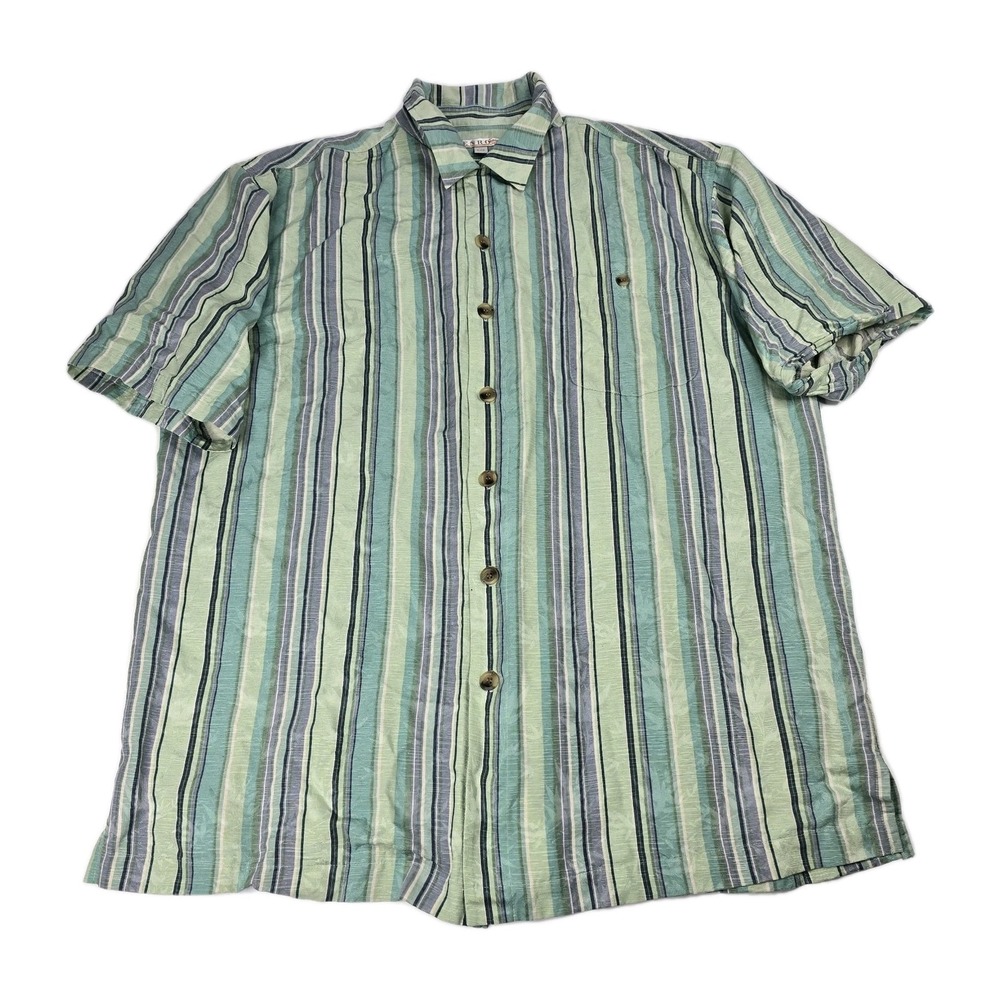 ENRO Soie Silk Shirt Mens L Stripe Button Up Vintage 90s‎ Green Summer Vacation